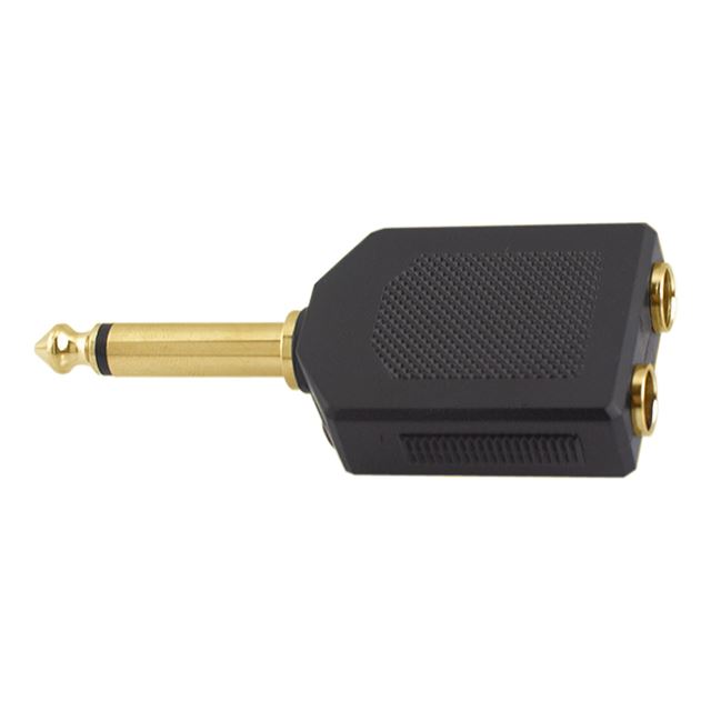 Audio adapter 6.35mm mono plug to 2 x 6.35mm mono jack gold plastic shell